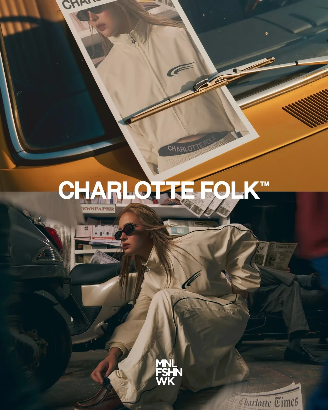 Charlotte Folk cream zip track jacket and matching trousers, styled beside a vintage car and Manila newsstand
